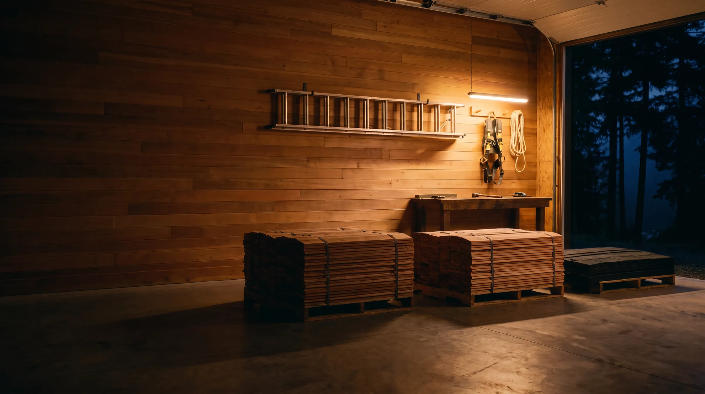 A roofer's workshop at night, warm light over pallets of cedar shingles, a ladder and a harness on the cedar wall