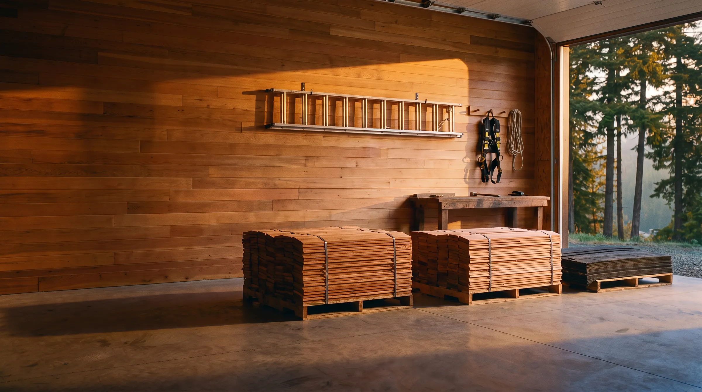 A roofer's workshop in golden evening light, with pallets of cedar shingles, a workbench and a ladder on the wall